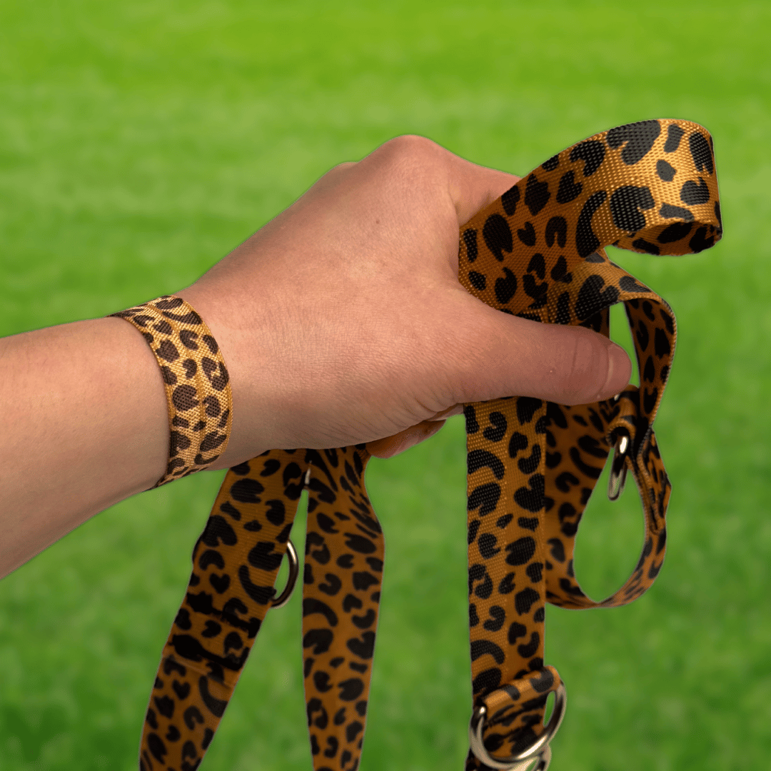 Hairtie Armband Leoparden Muster Animal Print Haargummi mit Hundeleine. Im Hintergrund ist eine Hundewiese