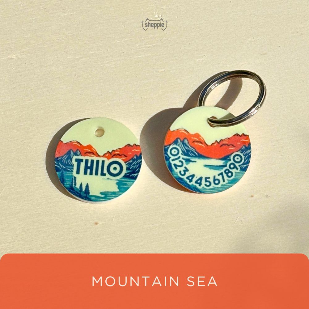 Leichte Hundemarke im Mountain Sea-Design mit Namen und Telefonnummer. Geräuschlos, rund & personalisiert. Ideal für sensible und kleine Hunde.