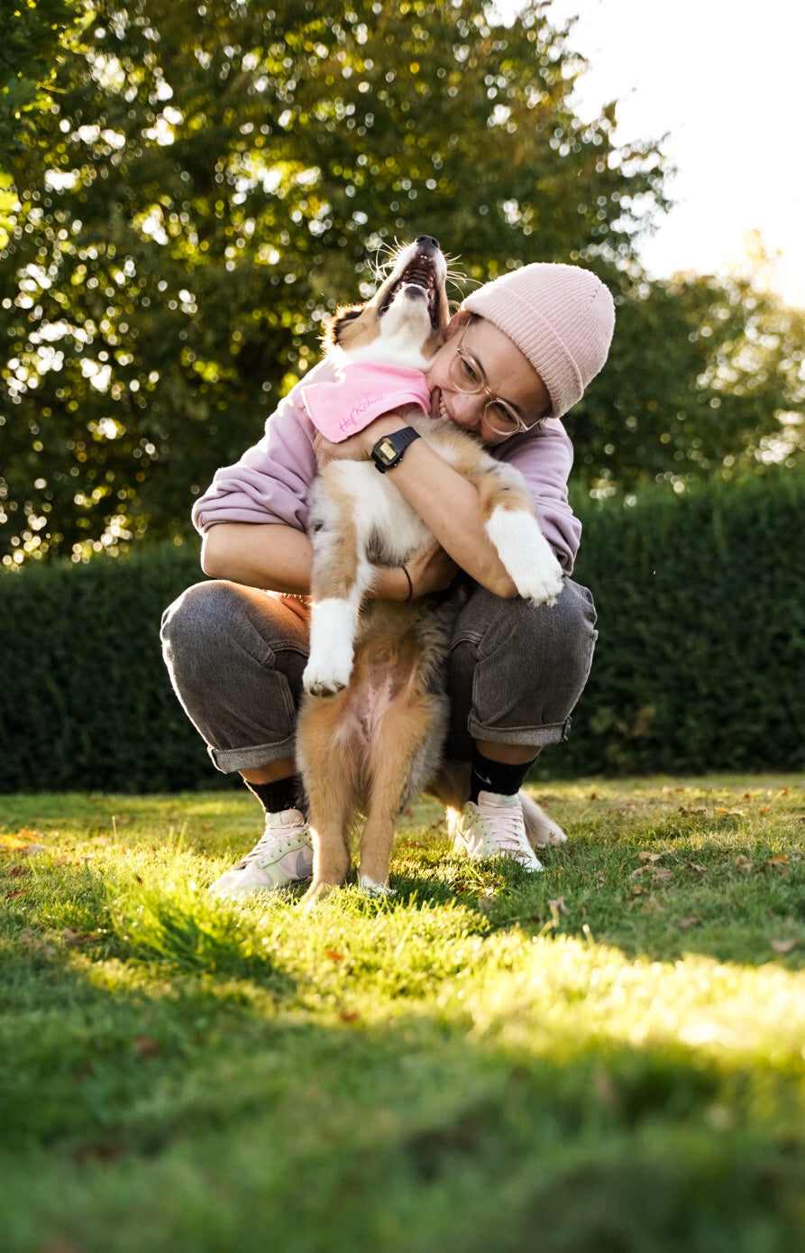 Fröhliches Bild von einem Australian Shepherd Hundewelpen und der Besitzerin auf einer Wiese.