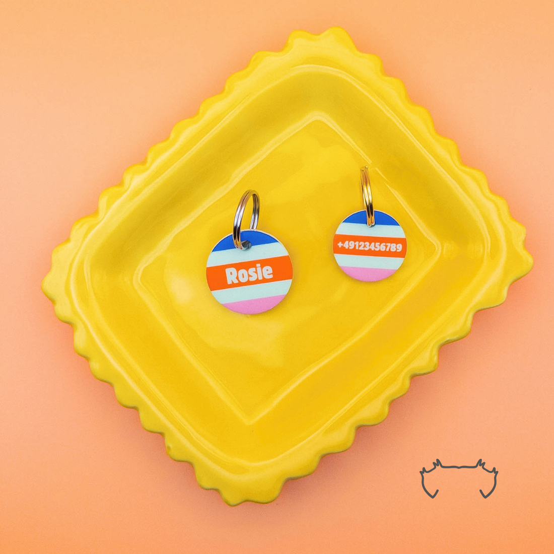Zwei personalisierte runde Acryl-Hundemarken mit sommerlichem Streifenmuster in Blau, Limette, Orange und Rosa auf einem gelben Tablett vor apricotfarbenem Hintergrund, eine Marke mit Name und eine mit Telefonnummer.