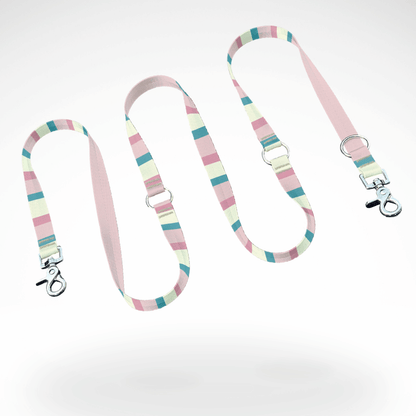 2 Meter lange Hundeleine, dreifach verstellbar und handsfree nutzbar, vollständige Ansicht, pink, blau, pastell, candy