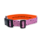 Handgemachtes Hundehalsband im Drachenfrucht-Design mit pinkem Gurtband, schwarzen Punkten, schwarzem Klickverschluss und orangefarbenem Innenpolster mit Statement-Schriftzug.