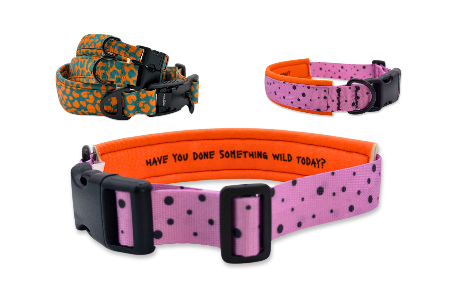 Mehrere handgemachte Hundehalsbänder in verschiedenen Größen für kleine und große Hunde, darunter ein pink-oranges Drachenfrucht-Halsband mit schwarzem Verschluss und orangefarbenem Innenpolster.
