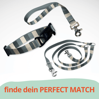 Set mit Hundehalsband mit FIDLOCK Magnetverschluss, Kurzführer und Leine. Ein sommerliches Muster in grau, beige gestreift.