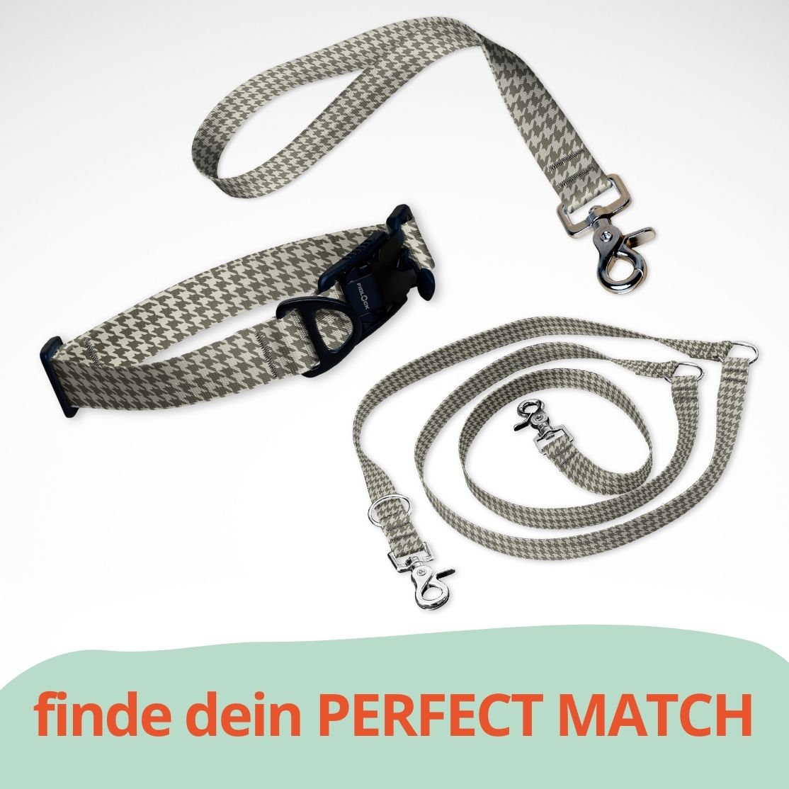 Set mit Hundehalsband mit FIDLOCK Magnetverschluss, Kurzführer und Leine. Hahnentritt beige braun