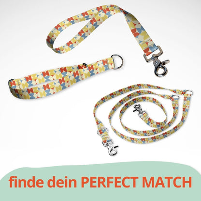 Set mit Hundehalsband mit Zugstopp, Kurzführer und dreifach verstellbarer Hundeleine. Geometrisch Bunt