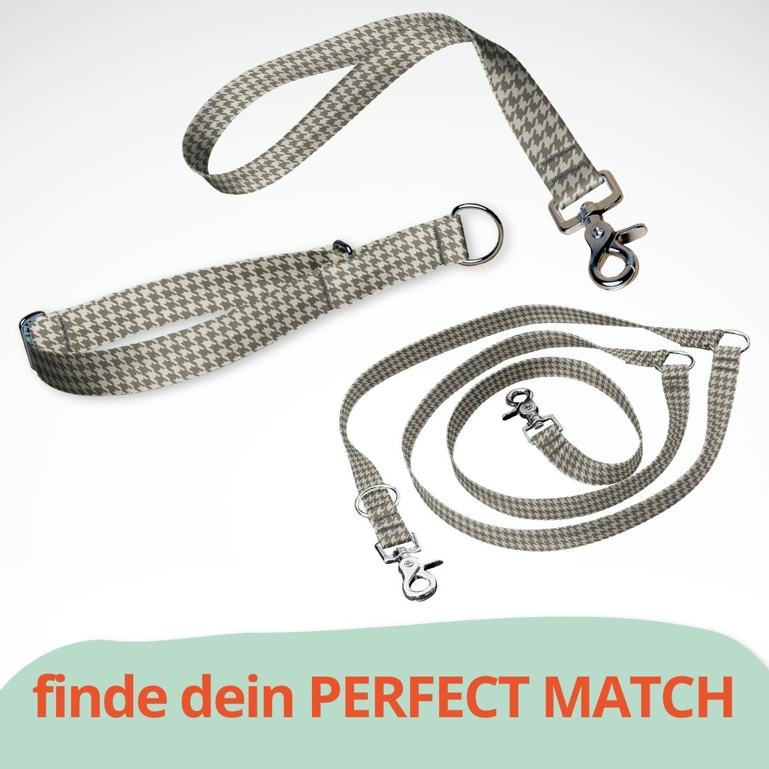 Set mit Hundehalsband mit Zugstopp, Kurzführer und dreifach verstellbarer Hundeleine. Hahnentritt