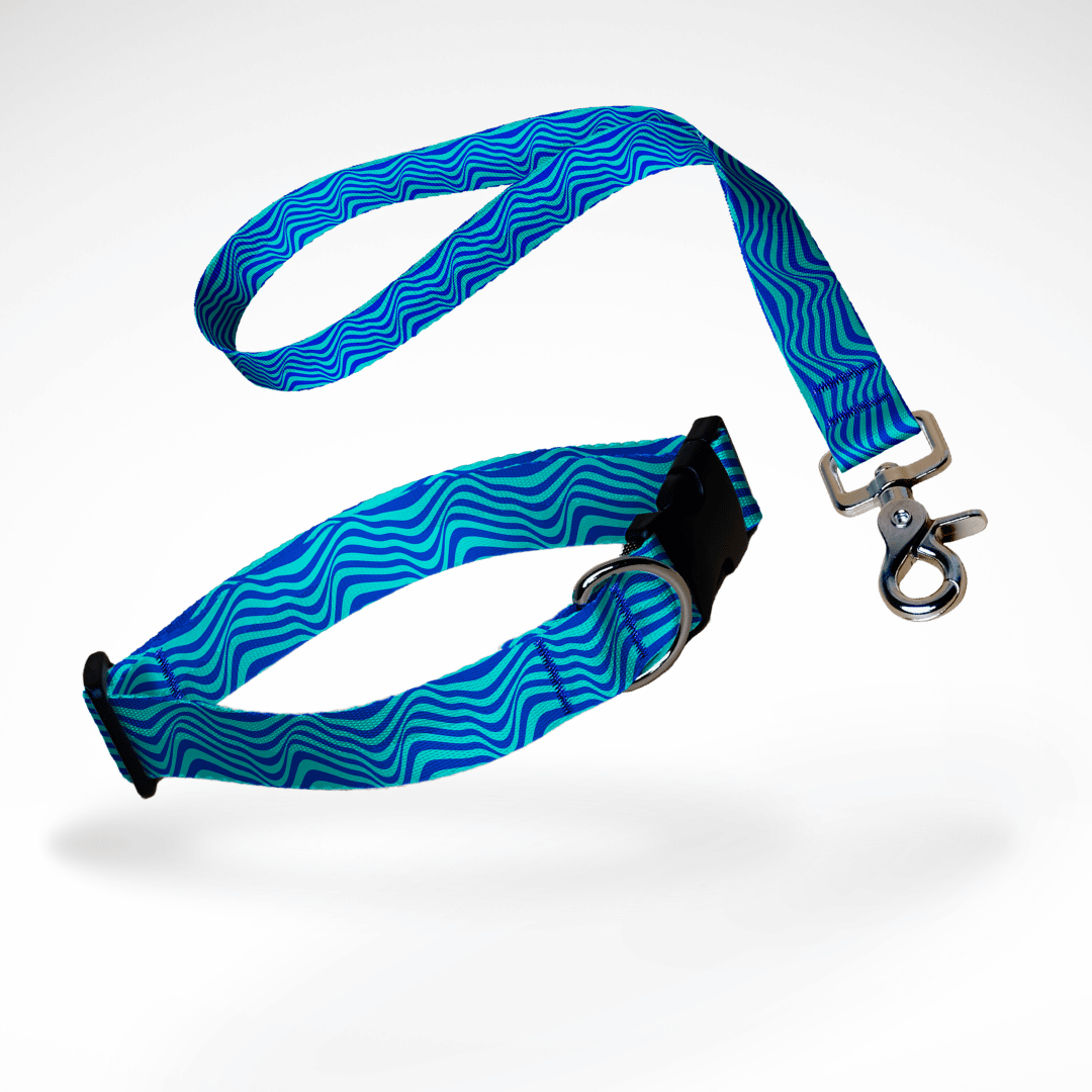 Set aus kurzer Hundeleine, Kurzführer, und Hundehalsband mit kostenloser Personalisierung mit Scherenkarabiner, blau mint