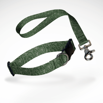 Set aus kurzer Hundeleine, Kurzführer, und Hundehalsband mit kostenloser Personalisierung mit Scherenkarabiner, Floral Fineline