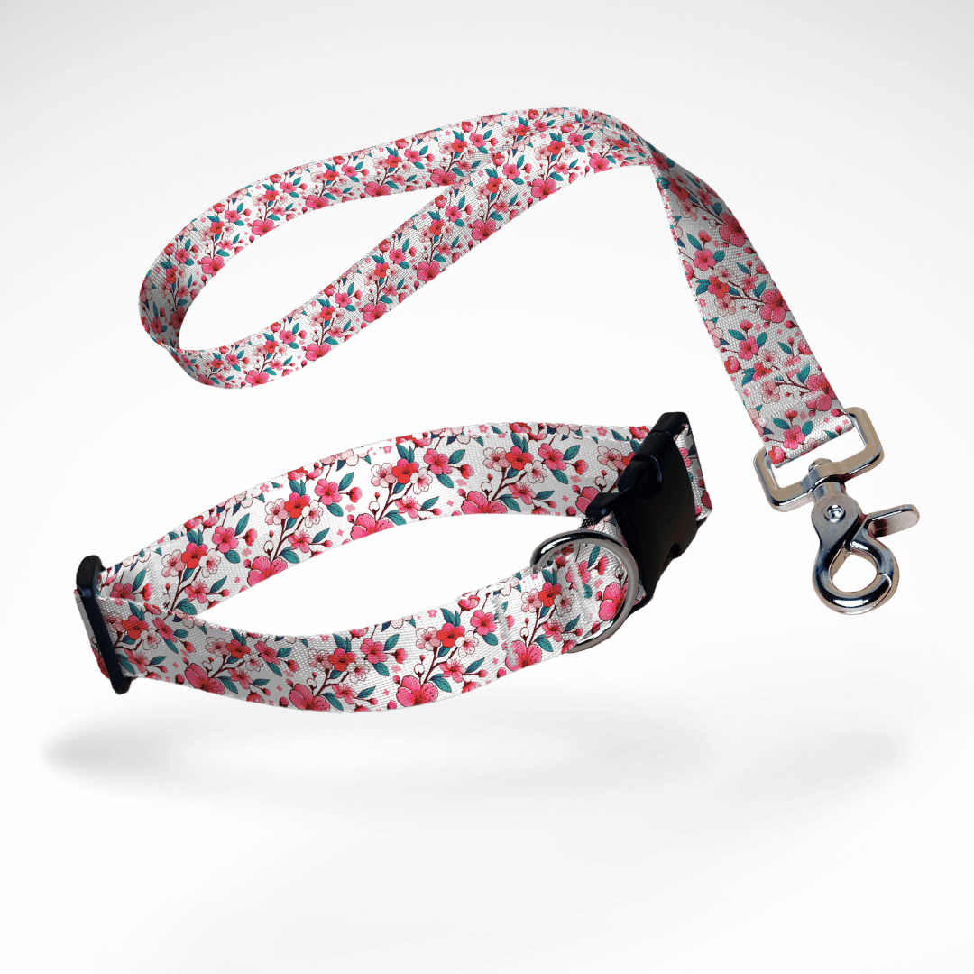 Set aus kurzer Hundeleine, Kurzführer, und Hundehalsband mit kostenloser Personalisierung mit Scherenkarabiner, Kirschblüte