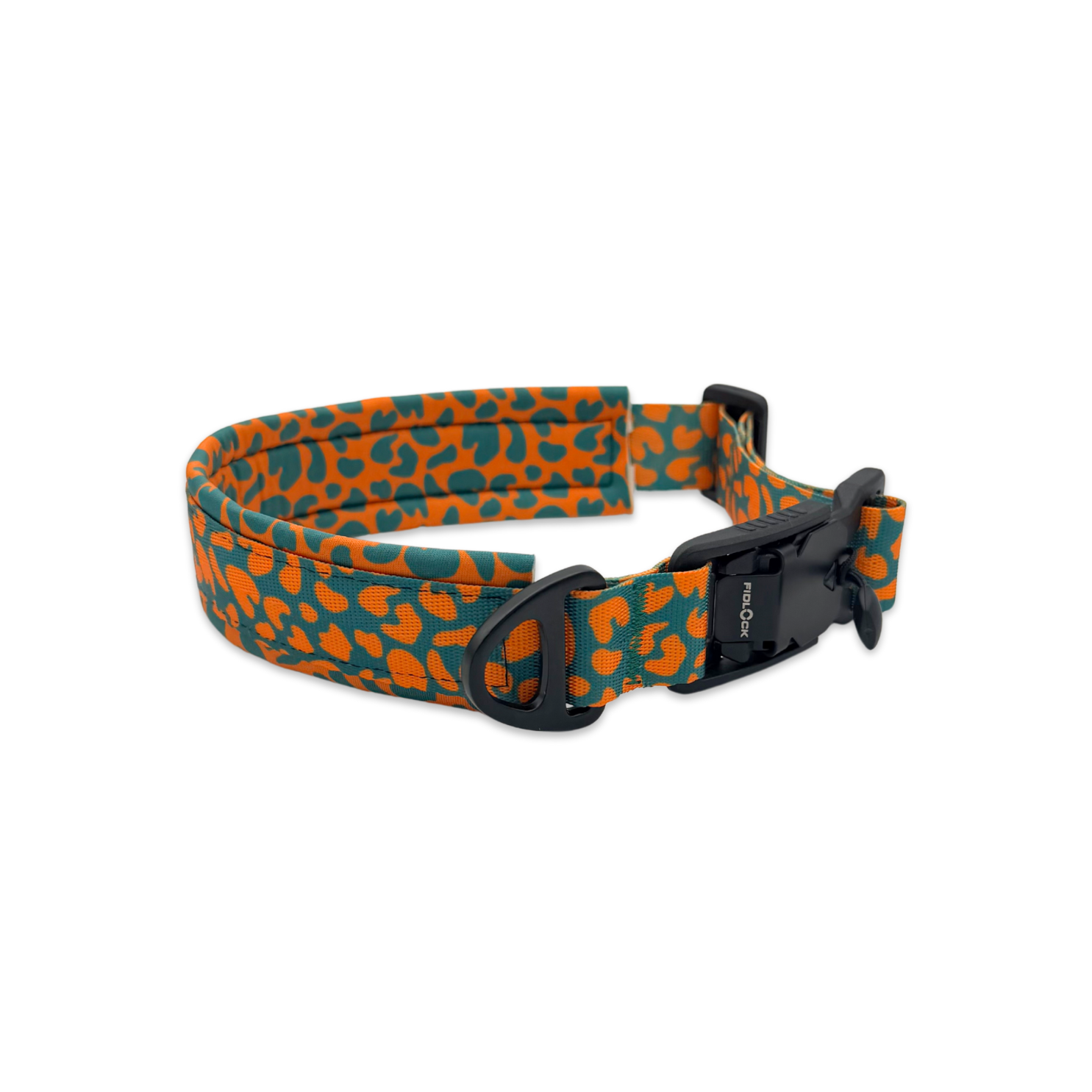 Hundehalsband mit Neopren Polster und Leopard Design in Orange und Grün