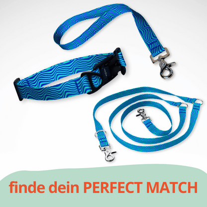 Set Hundehalsband mit FIDLOCK Magnetverschluss, dreifach verstellbarer Hundeleine und Kurzführer mit blauen Wellen