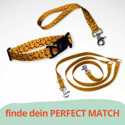 Set Hundehalsband mit FIDLOCK Magnetverschluss, dreifach verstellbarer Hundeleine und Kurzführer mit gelben Smileys