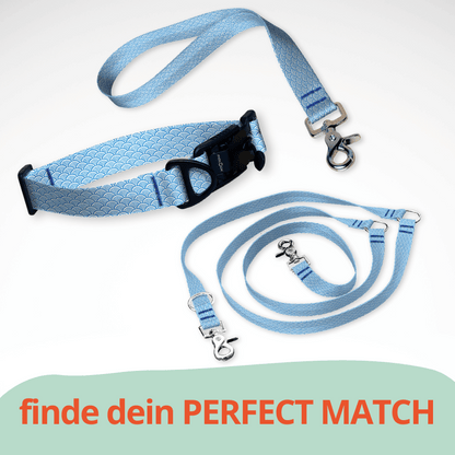 Set Hundehalsband mit FIDLOCK Magnetverschluss, dreifach verstellbarer Hundeleine und Kurzführer in weiß blau