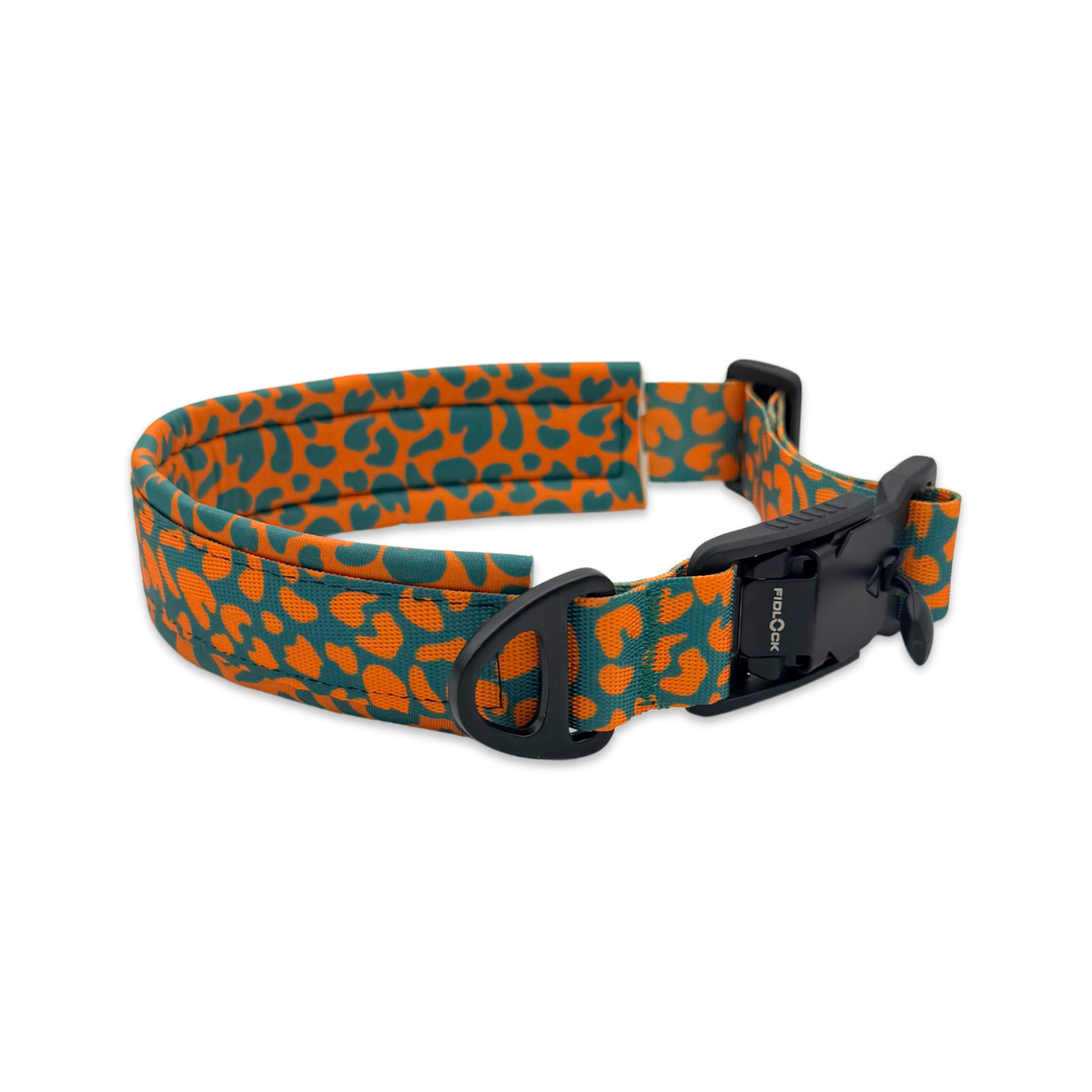 Gepolstertes Hundehalsband mit Neopren im Leoparden Design in den Farben Orange und Grün