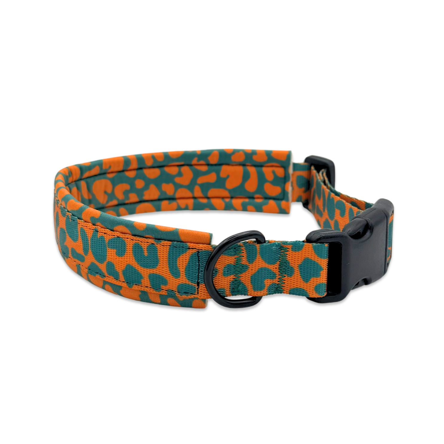 Gepolstertes Hundehalsband mit Neopren mit Klickverschluss im Leoparden Design in den Farben Grün und Orange