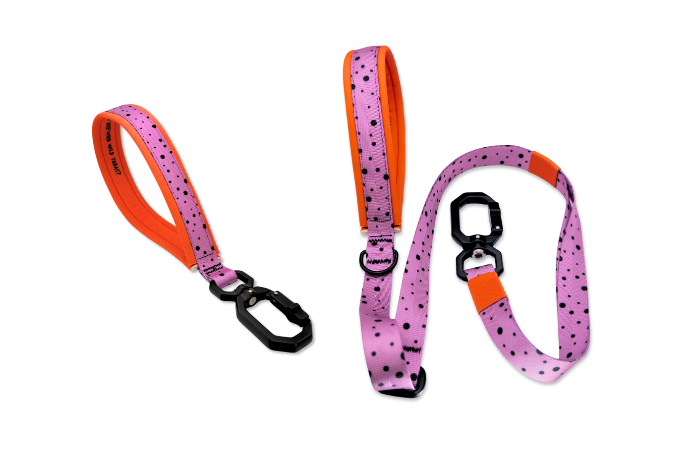 Zwei handgemachte Hundeleinen und Kurzführer für Hunde, darunter eine pink-orange Leine im Drachenfrucht-Design mit schwarzem Karabiner und orangefarbener Handschlaufe.