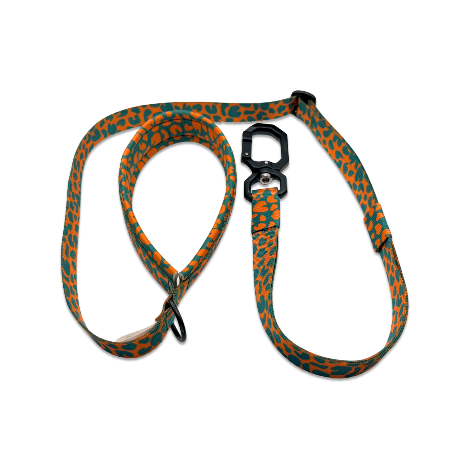 Hundeleine mit gepolsterte Handschlaufe aus Neopren in orange grünem Leoparden Design