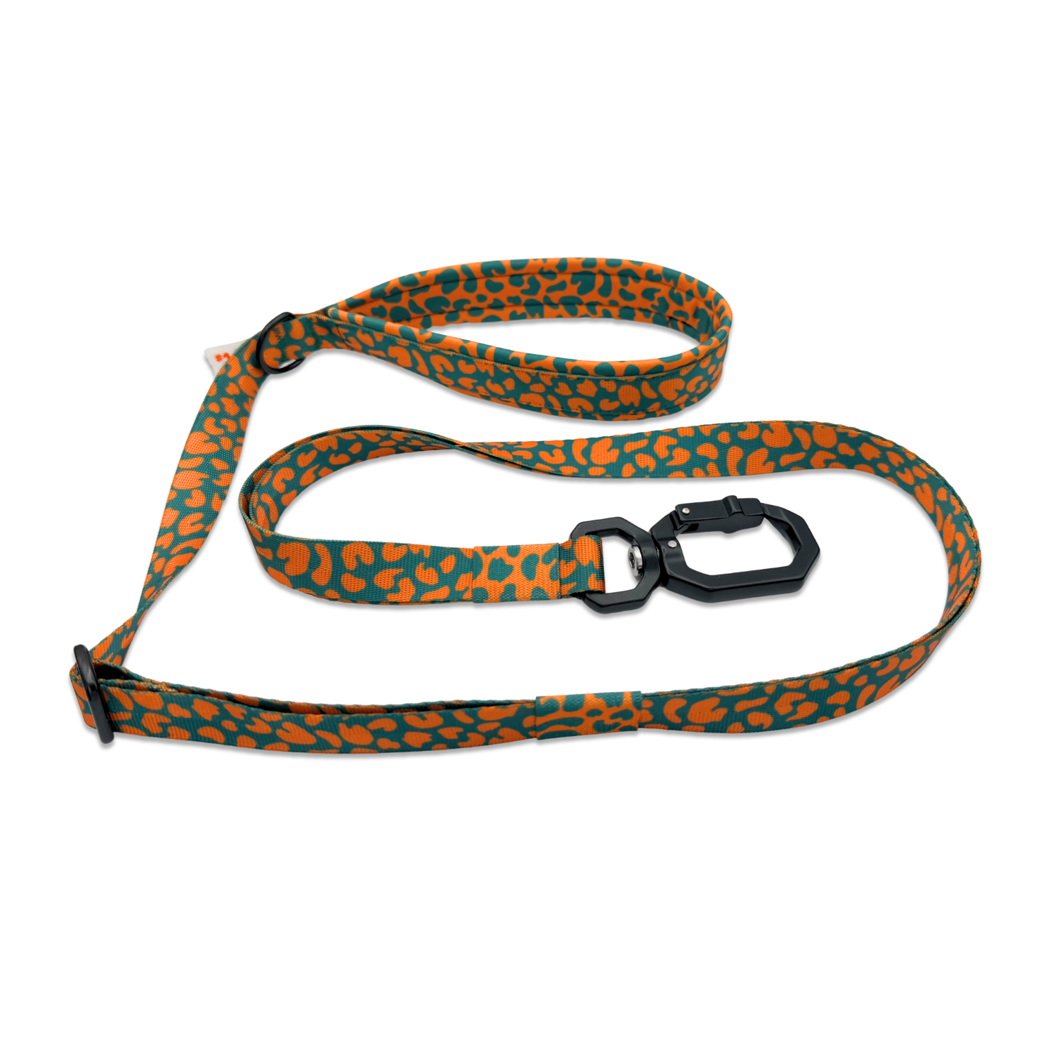 Stufenlos verstellbare Hundeleine mit gepolsterter Handschlaufe aus Neopren in grünem und oragenen Leoparden Design
