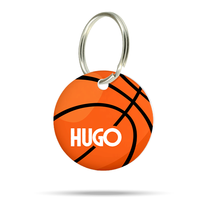Personalisierte Hundemarke aus Acryl im Basketball Design, leicht, geräuschlos und klimperfrei, stylische Dog ID
