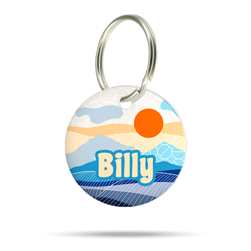 Personalisierte Hundemarke aus Acryl mit Sonnenaufgang Design, leicht, geräuschlos und klimperfrei
