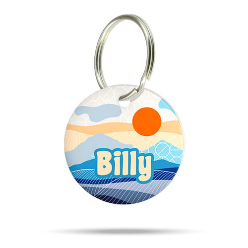 Personalisierte Hundemarke aus Acryl mit Sonnenaufgang Design, leicht, geräuschlos und klimperfrei