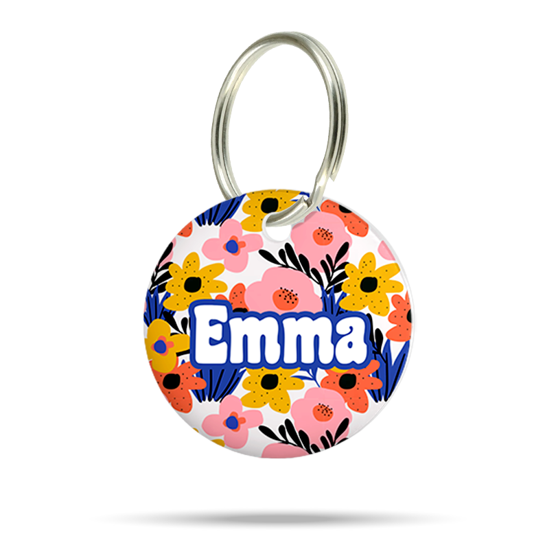 Acryl Hundemarke mit buntem Blumenmuster, personalisiert, leise und klimperfrei, Tiermarke für Hunde und Welpen