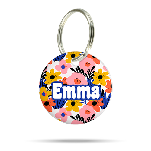 Acryl Hundemarke mit buntem Blumenmuster, personalisiert, leise und klimperfrei, Tiermarke für Hunde und Welpen
