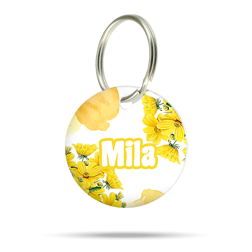 Personalisierte Hundemarke aus Acryl mit gelbem Blumenmotiv, leicht, geräuschlos und klimperfrei