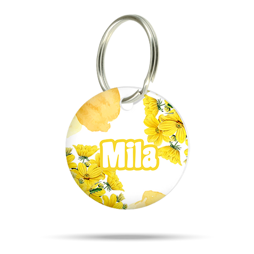 Personalisierte Hundemarke aus Acryl mit gelbem Blumenmotiv, leicht, geräuschlos und klimperfrei