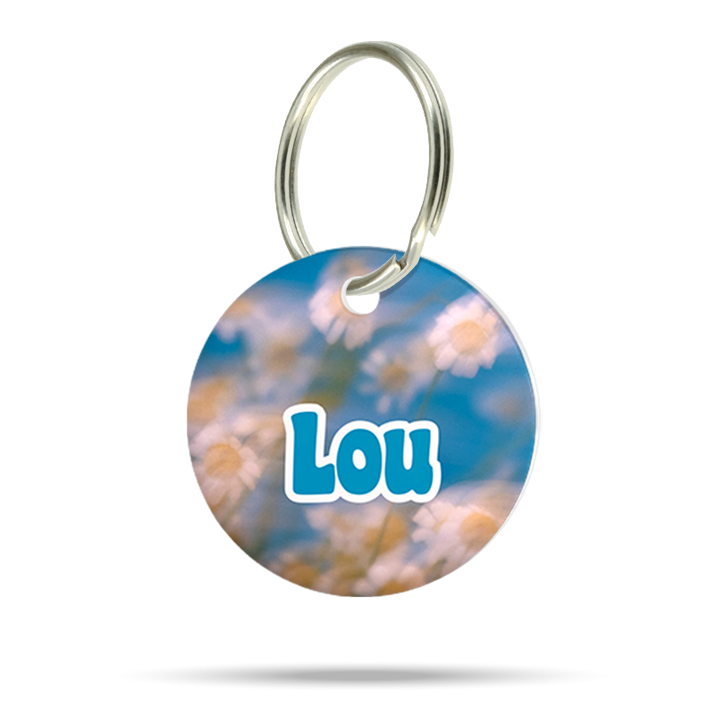 Acryl Hundemarke mit Gänseblümchen Design, personalisiert, leise und klimperfrei, Tiermarke für Hunde
