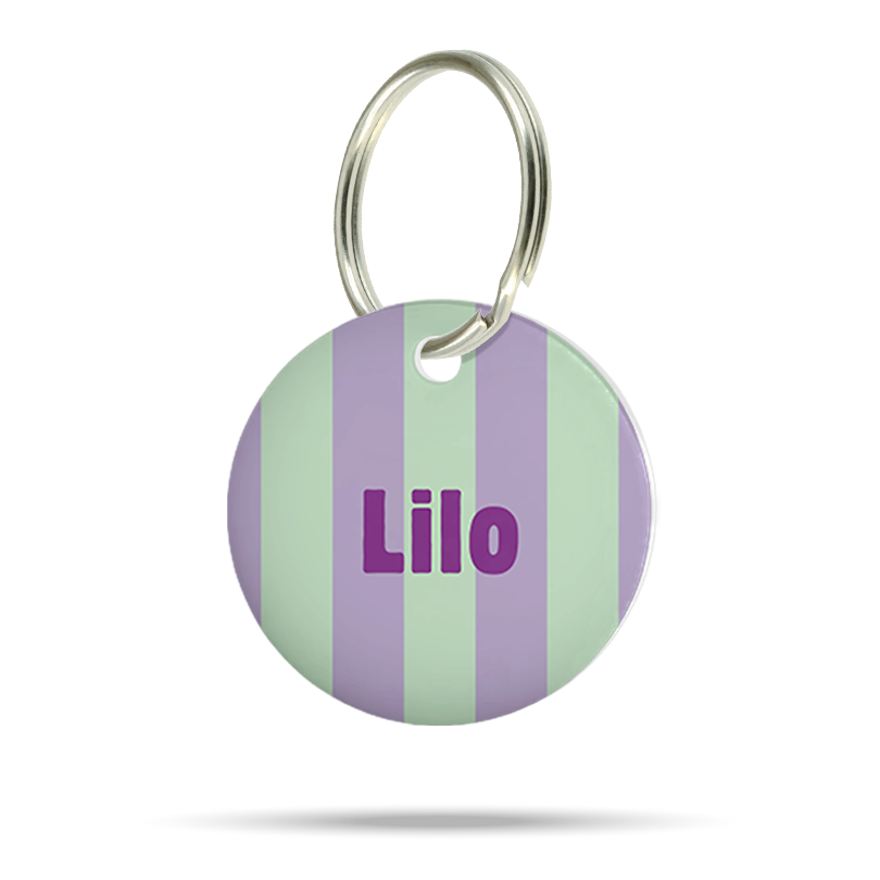 Personalisierte runde Acryl-Hundemarke für Hunde mit pastellgrünem und fliederfarbenem Streifenmuster, lila Name „Lilo“ und silbernem Schlüsselring auf weißem Hintergrund.