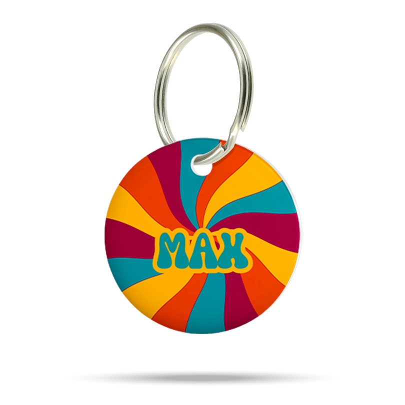 Personalisierte Hundemarke aus Acryl im bunten Lollipop Design, leicht, geräuschlos und klimperfrei, Dog ID mit Namen „Max“