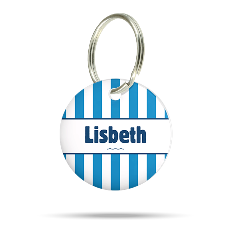 Acryl Hundemarke im maritimen Streifen Design, personalisiert, leise und klimperfrei, Namensschild mit Namen „Lisbeth“