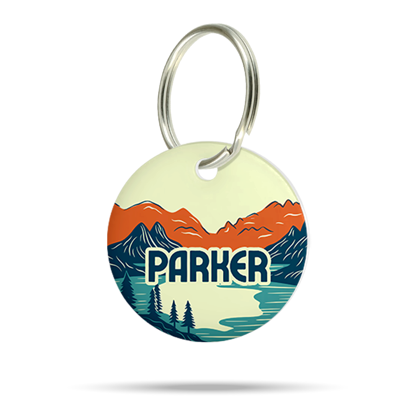 Personalisierte Hundemarke aus Acryl mit Berg- und Meer Design, leicht, geräuschlos und klimperfrei, Dog ID mit Namen „Parker“