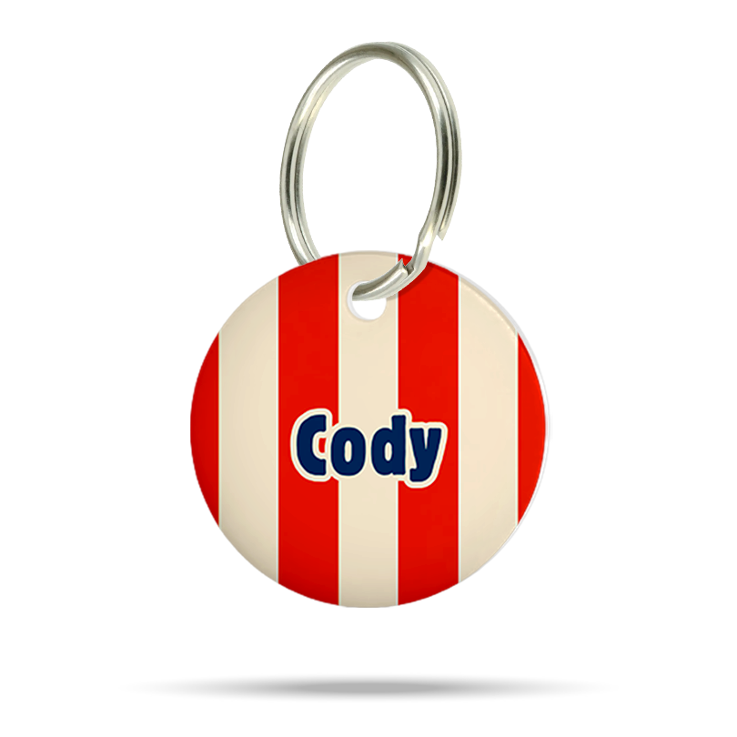 Personalisierte Hundemarke aus Acryl mit roten und beigen Streifen sowie dem Namen Cody auf weißem Hintergrund.