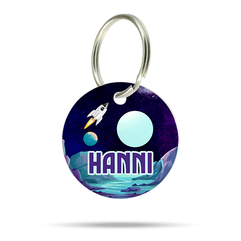 Personalisierte Hundemarke aus Acryl mit Weltraum Design, leicht, geräuschlos und klimperfrei, Dog ID mit Namen „Hanni“
