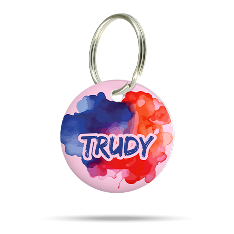 Acryl Hundemarke mit Farbklecks Design, personalisiert, leise und klimperfrei, Namensschild mit Namen „Trudy“