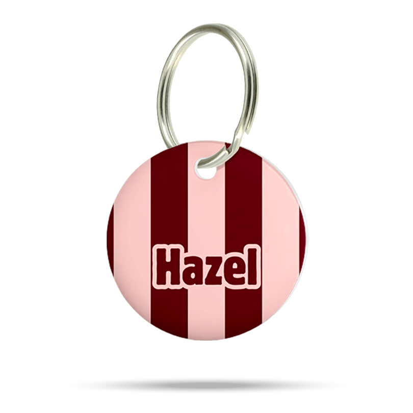 Personalisierte Hundemarke aus Acryl mit roten Streifen, leicht, geräuschlos und klimperfrei, Dog ID mit Namen „Hazel“