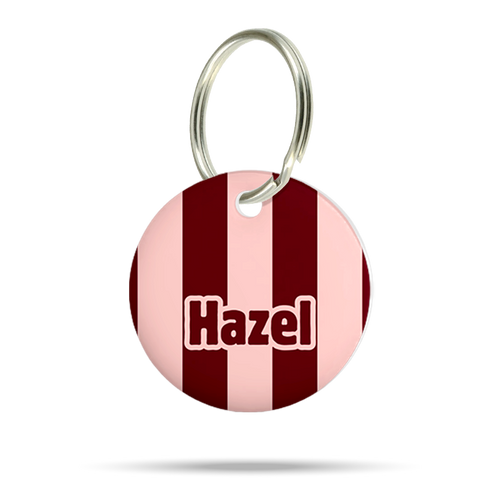 Personalisierte Hundemarke aus Acryl mit roten Streifen, leicht, geräuschlos und klimperfrei, Dog ID mit Namen „Hazel“