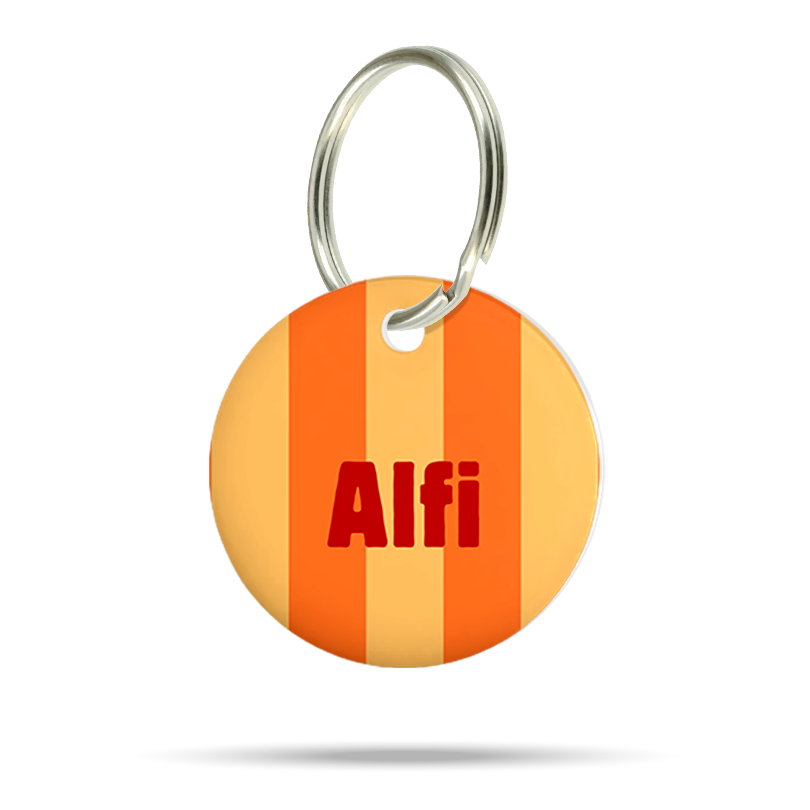 Personalisierte Hundemarke aus Acryl mit orangefarbenem Streifen Design, leicht, geräuschlos und klimperfrei, Dog ID Namensschild mit Namen „Alfi“