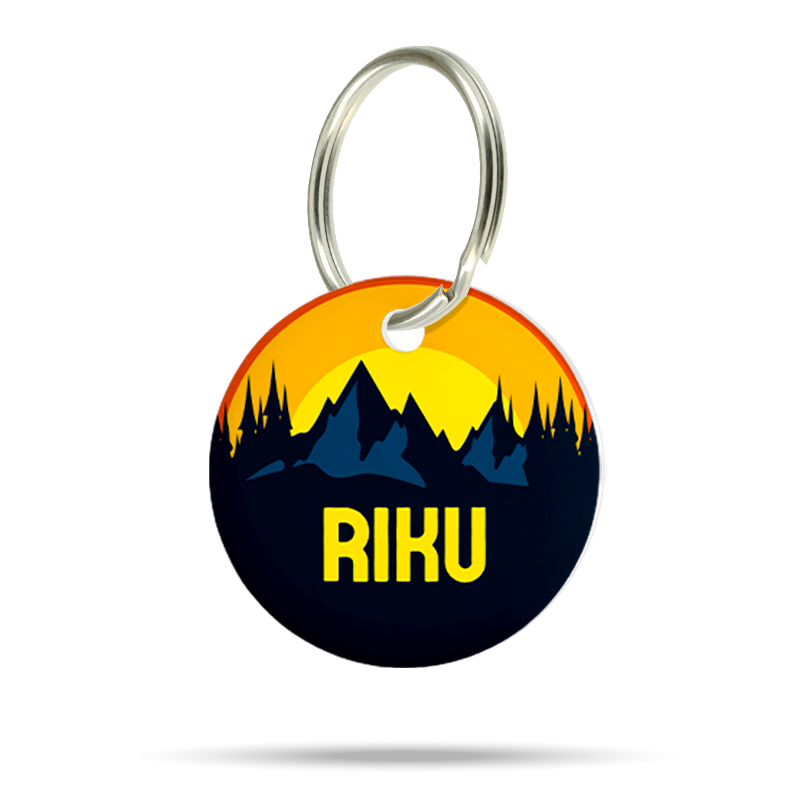 Acryl Hundemarke mit Berg- und Sonnenuntergang Design, personalisiert, leise und klimperfrei, Tiermarke für Hunde mit Namen „Riku“