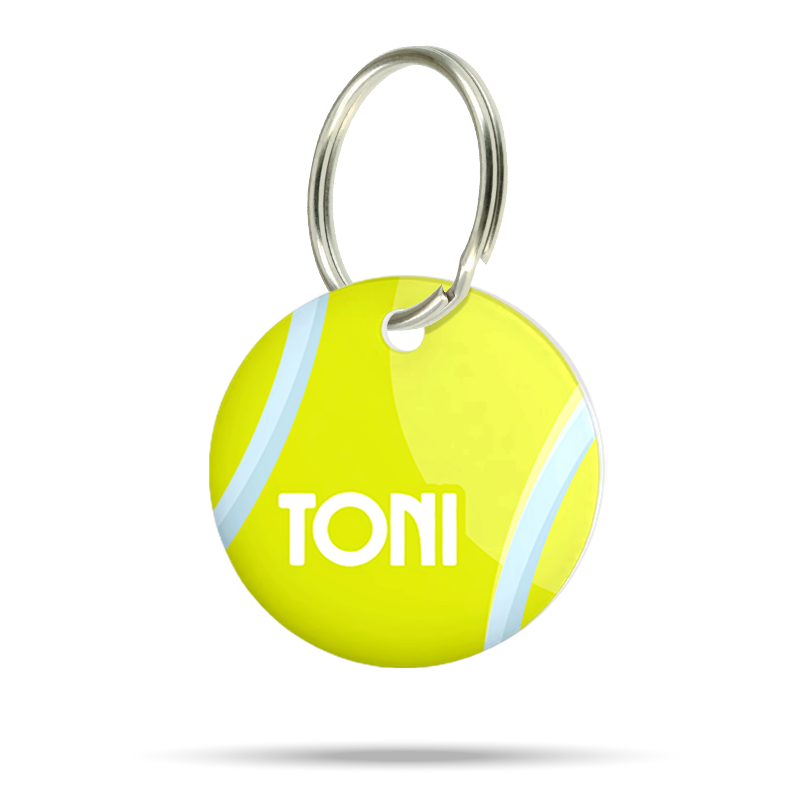Personalisierte Hundemarke aus Acryl im Tennisball Design, leicht, geräuschlos und klimperfrei, Namensschild mit Namen „Toni“