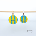 Zwei personalisierte runde Acryl-Hundemarken für Hunde im gelb-blauen Streifenmuster an einer hellen Holzstange, vorne mit Name „Mailo“ und hinten mit Telefonnummer.