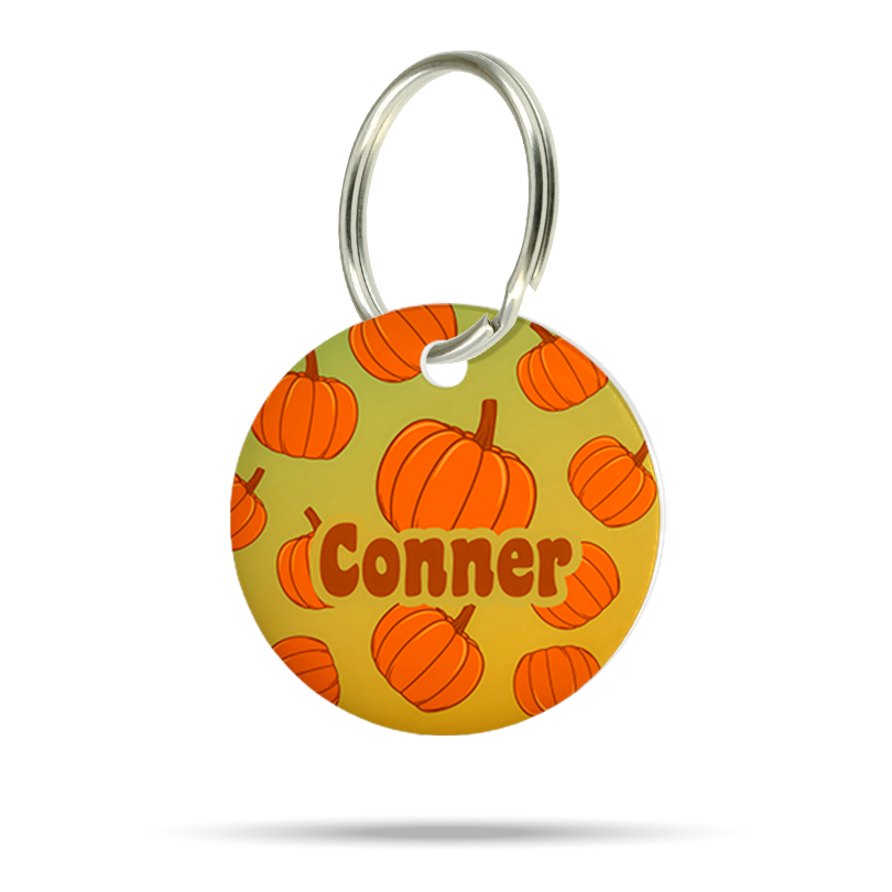 Runde personalisierte Herbst Hundemarke aus Acryl mit orangefarbenen Kürbissen, Name Conner und silberfarbenem Metallring.