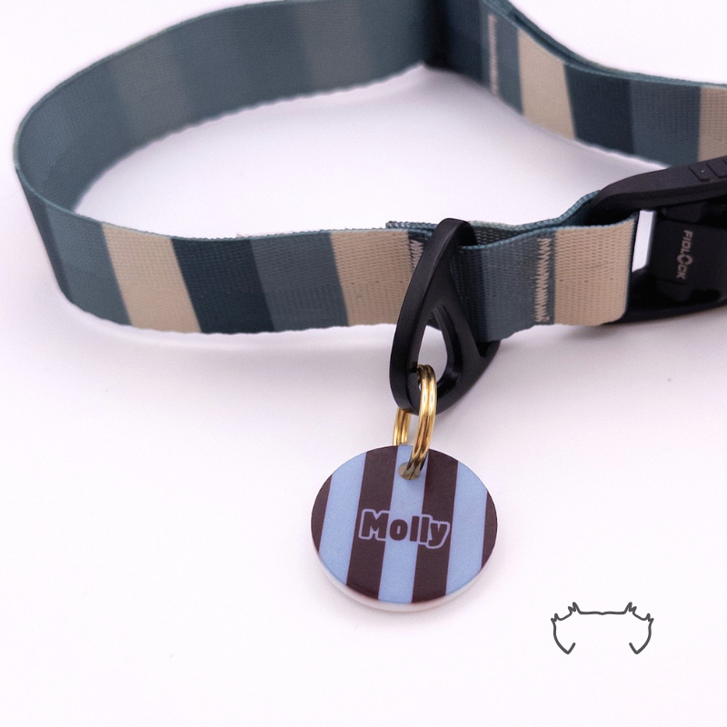 Runde personalisierte Acryl-Hundemarke mit hellblauem, dunkelblauem und bordeauxfarbenem Streifenmuster, befestigt an einem dunkelgrün-beige gestreiften Hundehalsband.