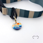Runde personalisierte Acryl-Hundemarke mit blau-orangem Sunrise-Bergmotiv, befestigt an einem dunkelgrün-beige gestreiften Hundehalsband mit schwarzem Verschluss.
