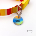 Runde personalisierte Acryl-Hundemarke mit Farbverlauf in Blau, Orange und Grün, befestigt an einem rot-gelb gestreiften Hundehalsband mit gelbem Verschluss.