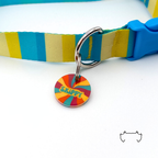 Runde personalisierte Acryl-Hundemarke mit buntem Groovy-Lollipop-Muster, befestigt an einem türkis-gelb gestreiften Hundehalsband mit blauem Verschluss.