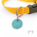 Runde personalisierte Acryl-Hundemarke im türkisfarbenen Croco-Animal-Print mit Name „Paula“, befestigt an einem gelben Hundehalsband mit schwarzem Verschluss.